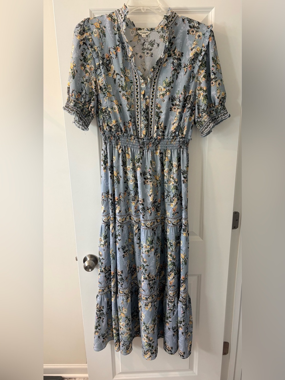Max Studio London 1X Blue Floral Smocked Tiered Maxi Dress